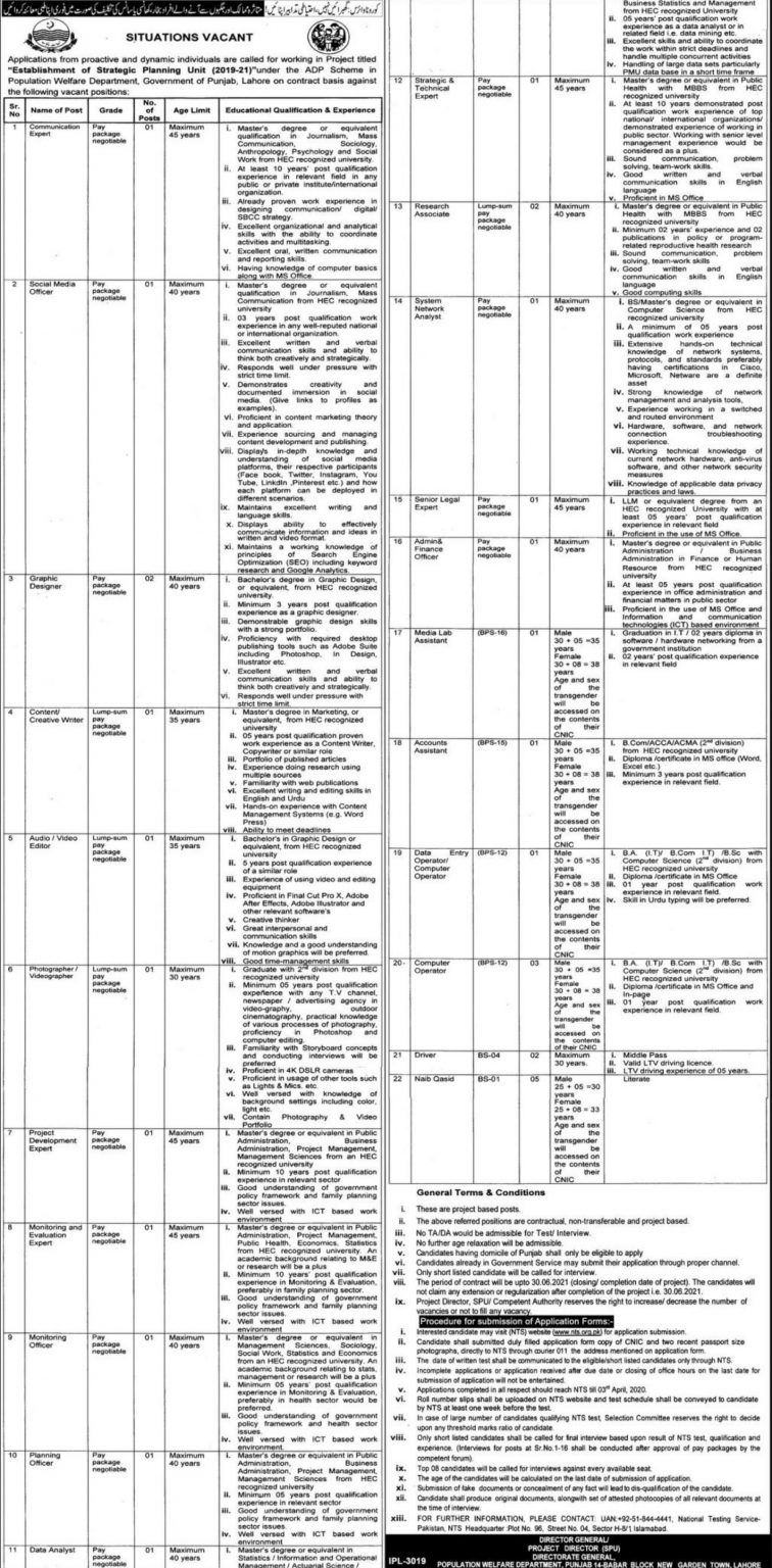 Population Welfare Department Punjab Establishment of Strategic Planning Unit (2019-2021) (Screening Test for Various Posts)