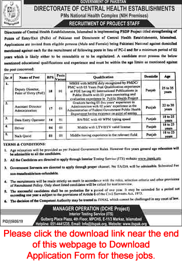 Advertisement Directorate of Central Health Establishment Islamabad Jobs 2020