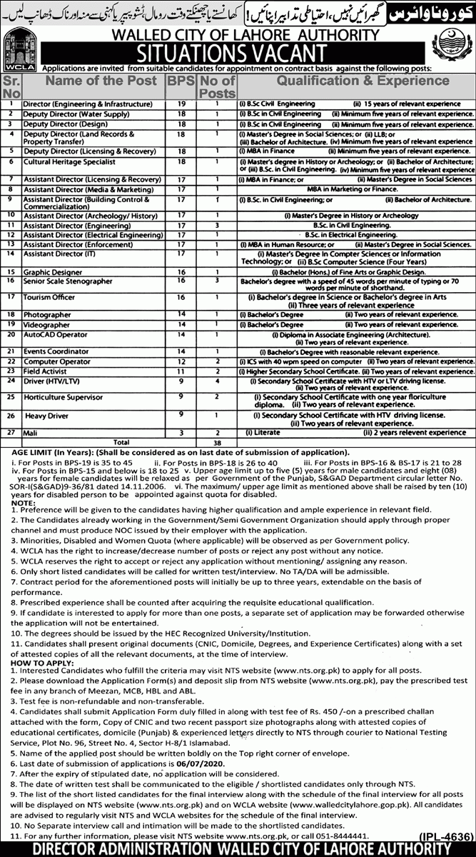 Walled City of Lahore Authority WCLA Jobs Advertisement