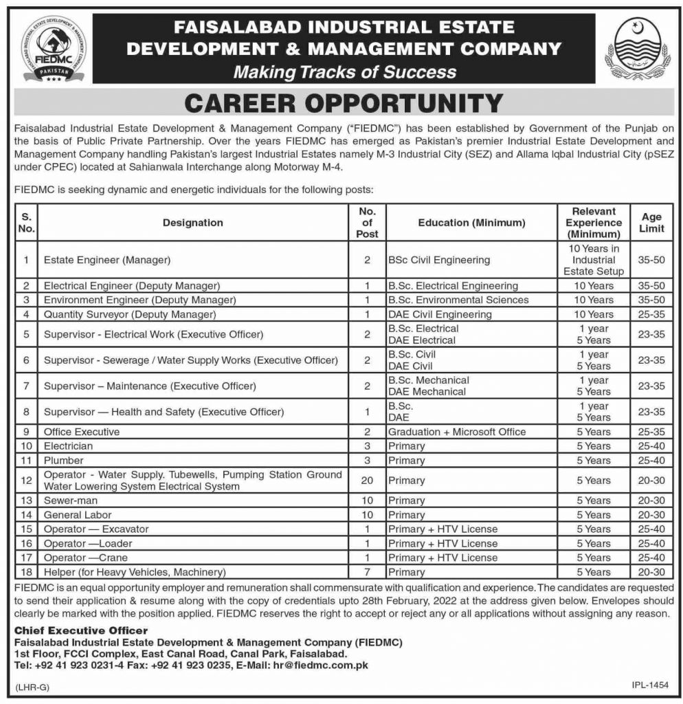 FIEDMC Jobs 2022 Faisalabad Industrial Estate Development & Management Company